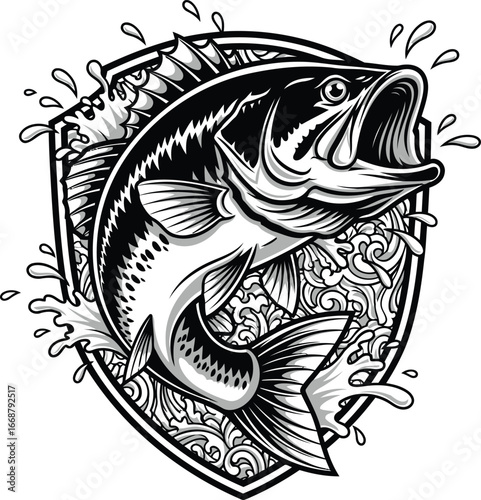 Largemouth bass leaping from water in a stylized emblem