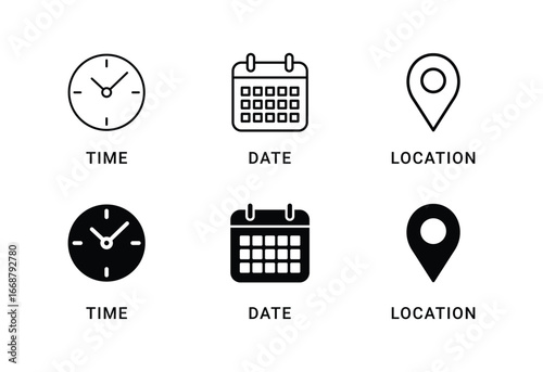 Date, Time, Address icon set, containing Calendar, address location pointer and alarm bell. Notice alert, Notification, schedule, time clock vector illustration