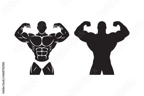 Silhouette of a muscular bodybuilder posing front and back