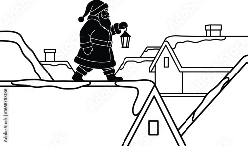 Christmas santa claus vector art of santa claus walking on rooftops with a lantern, a christmas eve scene vector
