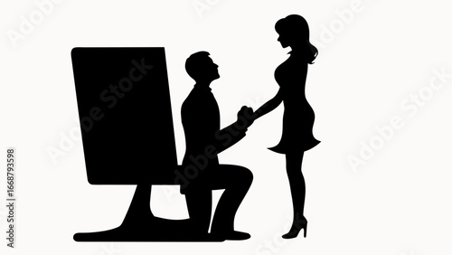 Silhouette of a man proposing to a woman next to a large monitor in a romantic setting image created with generative ai