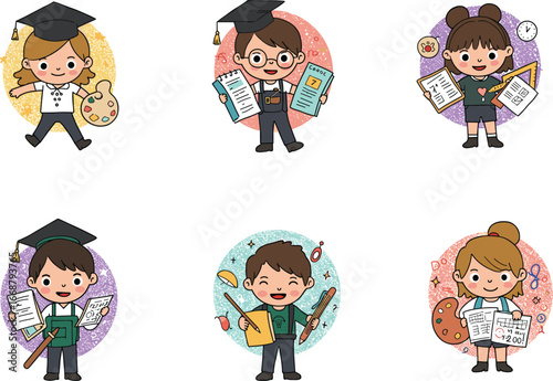 Cartoon graduates wearing mortarboards, holding art palettes, papers, rulers, and study materials with colorful backgrounds representing education and creativity.