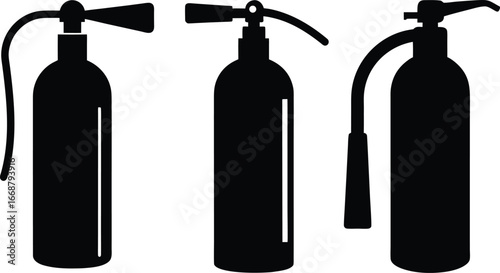 Four black silhouettes of fire extinguishers vector on white. fire extinguishers lined up showing different stages of readiness and operation