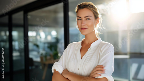 A woman stands confidently in an office, the assured scene illuminated by gentle sunlight. Woman, office, with copy space