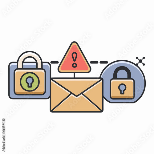 Vector email security icons with locked mail phishing alert and encrypted mail
