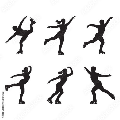 Six Black Silhouettes of Figure Skaters Performing Various Poses on Ice figure skating ice skating