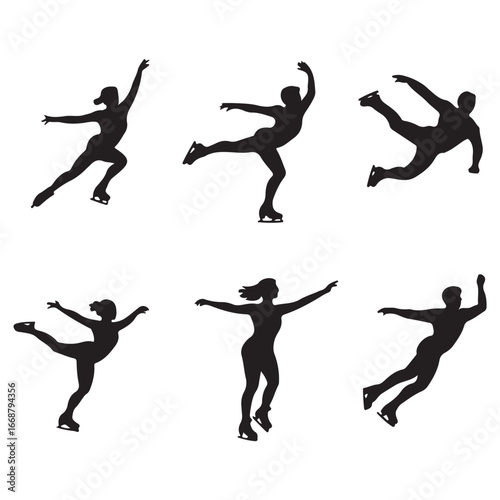 Six black silhouettes of figure skaters performing various poses on ice figure skating ice skating 1