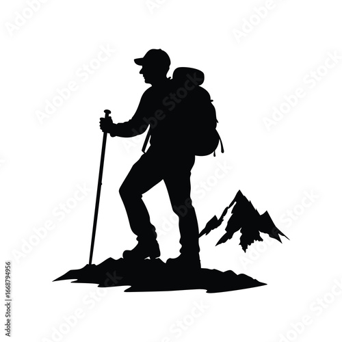 Silhouette of a hiker with backpack and trekking pole standing on mountain top, climber alpine trail illustration silhouette