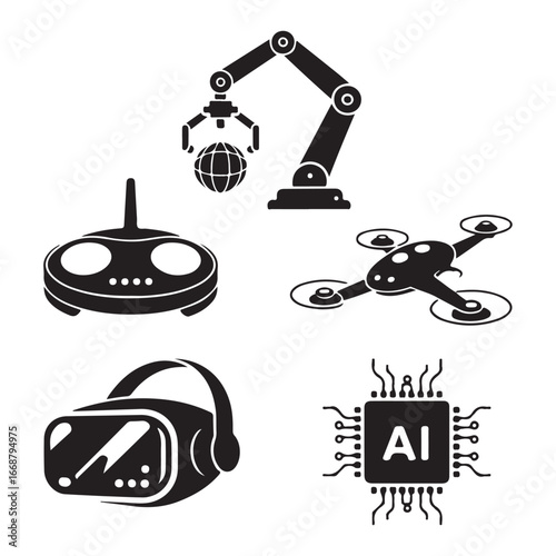 Black silhouette icons of drone V R headset A I chip robotic arm and controller quadcopter remote control