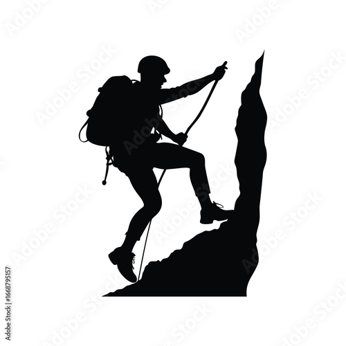 Silhouette of a rock climber ascending a challenging cliff with equipment, climber steep rock face silhouette illustration silhouette