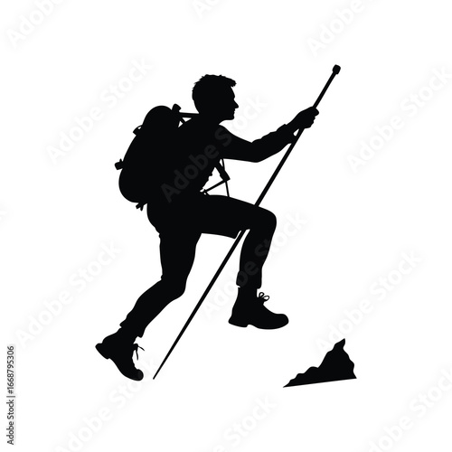 Silhouette of a hiker ascending a steep hill with trekking poles in the mountains, climber using climbing poles illustration silhouette