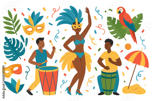 Brazil carnival samba dancer vector illustration with mask and tropical elements
