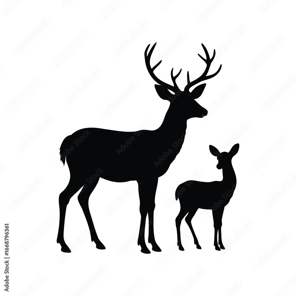 Fototapeta premium Silhouette of a majestic Stag and adorable Fawn on a White Background, deer with fawn illustration silhouette
