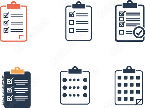 Flat clipboard icon set, checklist and task list vector, productivity UI element, business planning clipart, minimal form design illustration