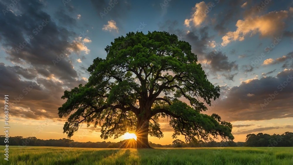 Fototapeta premium Majestic tree, sunset, sky, nature, landscape