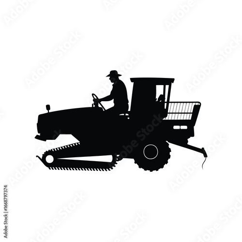 Silhouette of a farmer operating a combine harvester, agricultural machinery, farmer driving combine harvester illustration silhouette