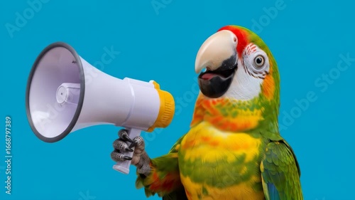 Parrot Announcing Important News - A vibrant parrot holds a megaphone, ready to announce an important message. The bird is positioned against a bright blue background, creating a striking visual.