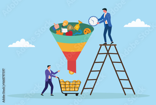 Vector illustration of businessmen using a funnel to convert time, ideas, and resources into money, symbolizing business strategy, sales funnel, investment, productivity, and revenue growth

