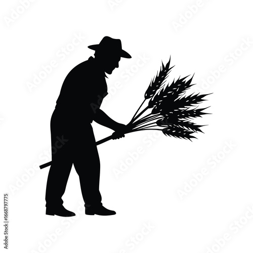 Black Silhouette of a Farmer Holding a Sheaf of Wheat or Grain, farmer harvesting wheat illustration silhouette