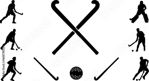 Field hockey stick silhouettes, Field hockey sticks and ball silhouettes, Crossed field hockey sticks vector, Field hockey silhouettes, Field hockey vector illustration.