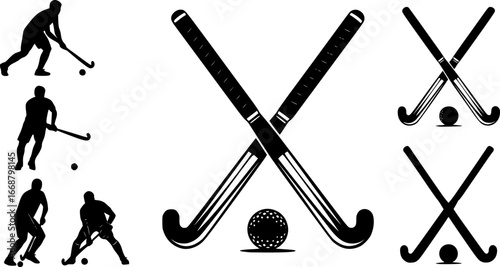 Field hockey stick silhouettes, Field hockey sticks and ball silhouettes, Crossed field hockey sticks vector, Field hockey silhouettes, Field hockey vector illustration.
