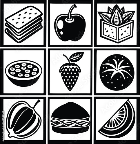 Collection of nine food icons fruits vegetables and snacks representing healthy eating and lifestyle choices