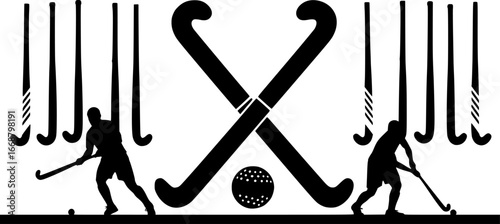 Field hockey stick silhouettes, Field hockey sticks and ball silhouettes, Crossed field hockey sticks vector, Field hockey silhouettes, Field hockey vector illustration.