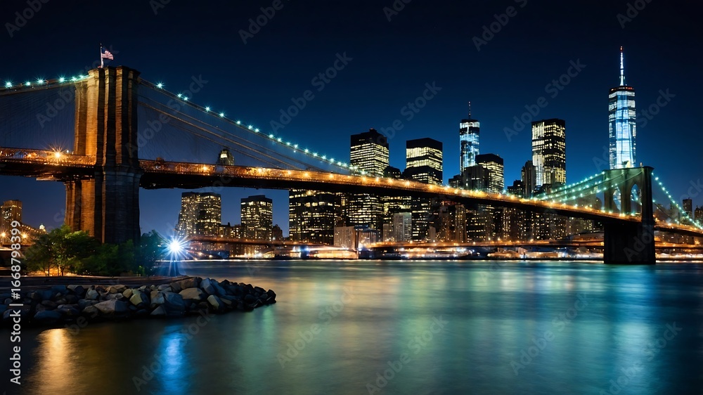 Fototapeta premium Iconic brooklyn bridge illuminated at night with city skyline