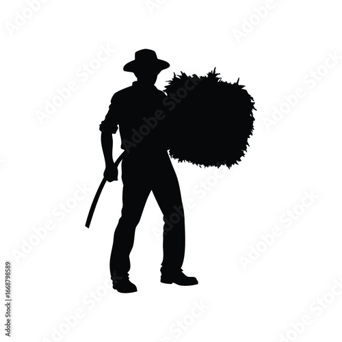Silhouette of a farmer with scythe and pile of harvested hay, farmer with hay bale illustration silhouette