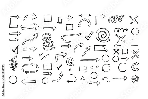 A collection of hand drawn arrows and symbols in a sketchy doodle style perfect for diagrams and presentations
