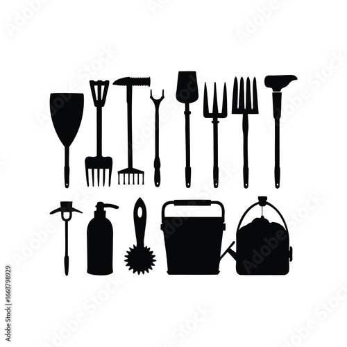 Black silhouette illustration of a variety of gardening tools and accessories, farming tool set illustration silhouette