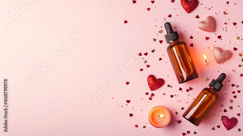 Valentines Day self care spa treatment amber bottles hearts candle pink background