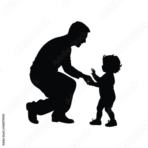 Silhouette of father helping toddler take first steps in heartwarming scene, father and child playing illustration silhouette