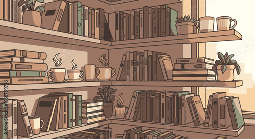 Cozy Bookshelf Illustration with Warm Tones, Featuring Books, Plants and Coffee Mugs, Perfect for Promoting Reading, Relaxation, and Home Decor Inspiration