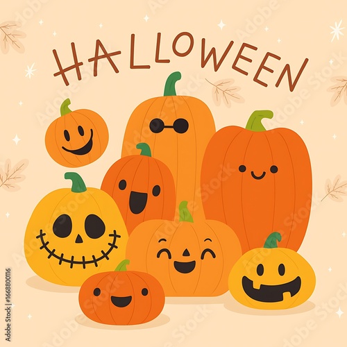 Cute Halloween Pumpkins Illustration – Cartoon Jack O’ Lantern Characters with Smiling Faces