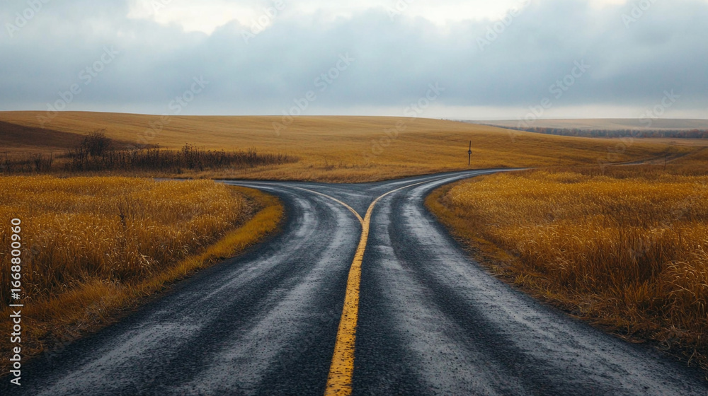 Fototapeta premium A fork in the road leads through golden fields under a cloudy sky choices journey ahead