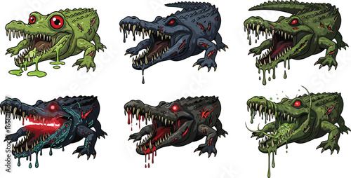 Cartoon crocodile vector set with fierce expressions, red eyes, sharp teeth, dripping saliva, aggressive poses, horror animal design for Halloween.