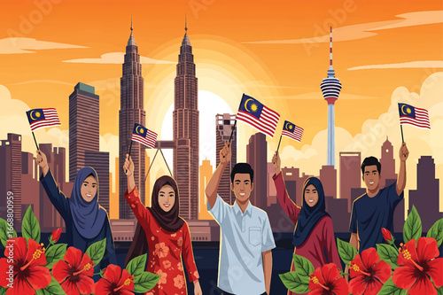 Canvas Print Kuala lumpur cityscape at sunrise with festive elements