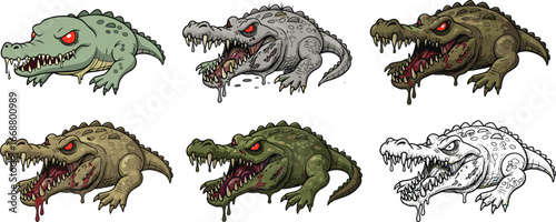 Cartoon crocodile vector set with fierce expressions, red eyes, sharp teeth, dripping saliva, aggressive poses, horror animal design for Halloween.