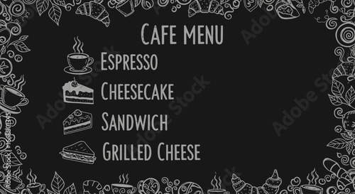 Elegant Chalkboard Cafe Menu Design with Coffee, Cheesecake, and Sandwich Illustrations for Restaurant and Food Service Promotion
