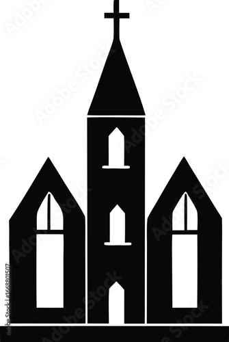 Silhouette of a gothic style church building with steeple and arched windows representing faith and community gathering