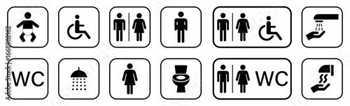 Public Facility Icons: Set of common restroom, accessibility, and hygiene symbols. Symbols showing facilities for people of all types and needs in a modern design.