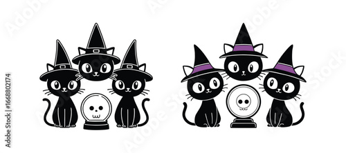 Cute Black Witch Cats with Crystal Ball - Halloween Vector Illustrations