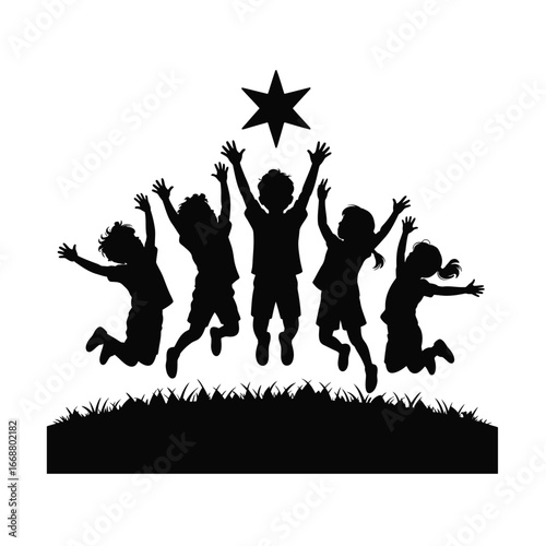 Children jumping reaching for star silhouette grass