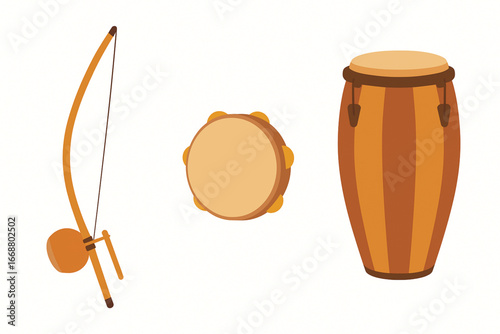 Brazilian musical instruments vector icon set with berimbau, tambourine, and drums