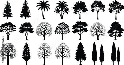 PrintSilhouettes of twenty diverse tree species in various shapes, including coniferous, deciduous, and palm types, isolated on white background