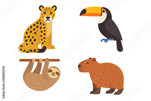 Brazilian wildlife vector icon set with jaguar, toucan, sloth, and capybara