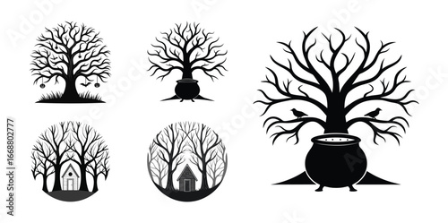Spooky Bare Tree Silhouettes with Witchy Elements - Halloween Vector Set
