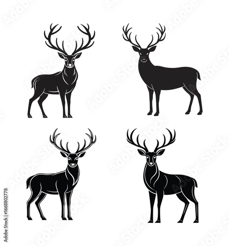 Black Stag Deer Silhouettes - Set of Four Majestic Wildlife Vector Illustrations
