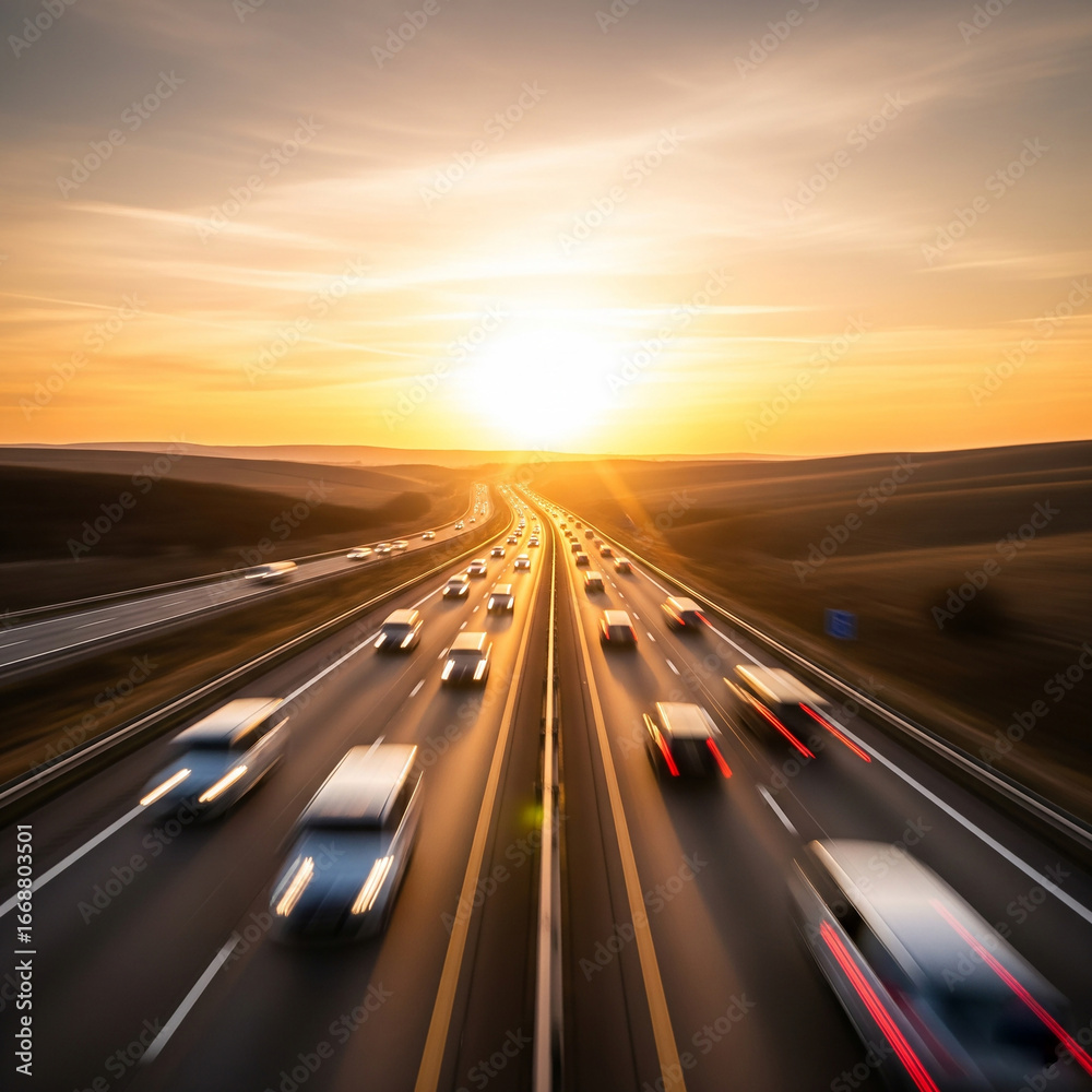 Obraz premium traffic on the road. driving on the highway at sunset. Sunset over a bridge highway. warm golden tones reflecting.